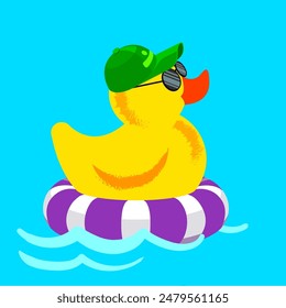 El lindo pato de goma amarillo está nadando en un anillo inflable. Concepto sobre el tema de vacaciones de verano o vacaciones. Ocio al aire libre cerca del agua. Ilustración vectorial.