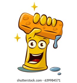 Cute yellow rubber gloves cartoon character with a washing sponge. Cleaning tools in hand illustration isolated on white background.