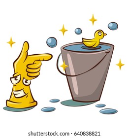 Cute yellow rubber gloves cartoon character with a bucket of water and a rubber duck and bubble. Cleaning tools in hand illustration isolated on white background.