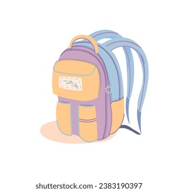 Cute yellow school backpack with leaves patches, kids bag for school supplies, cartoon style. Trendy hand drawn modern vector illustration 