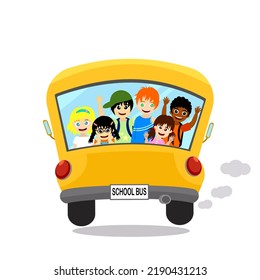 Cute yellow school bus back side view, happy six student children on bus on white background, group of multi ethnic friends look through window, harmony diversity kid education, vector illustration.