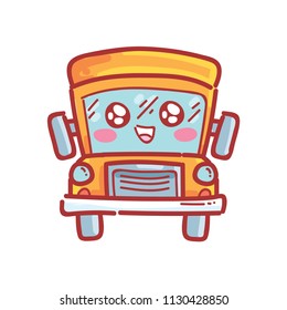 Cute yellow School bus character with eyes. Vector cartoon illustration. Set of pictures in school theme in hand drawn style