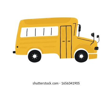 Pequeño autobús escolar amarillo aislado en un fondo blanco. Icono de estilo para el diseño de habitaciones para niños, ropa, textiles. Ilustración del vector