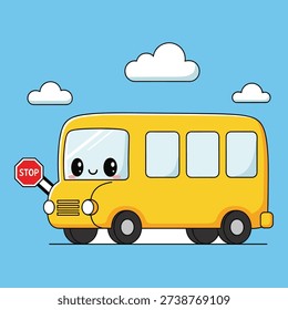 Cute yellow school bus with stop sign and smiling face