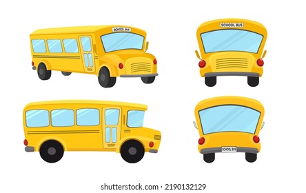 Dibujo vectorial del autobús escolar amarillo lindo sobre fondo blanco, cuatro autobuses de vehículos vistos desde diferentes ángulos, costado, delantero y trasero