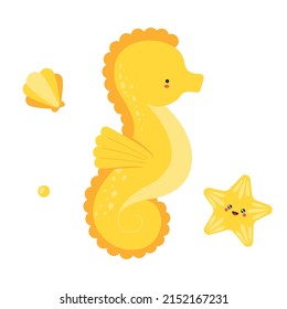 Cute yellow seahorse. Funny sea animal character used for invitation, children book, poster, card. vector Illustration. Clip art seahorse