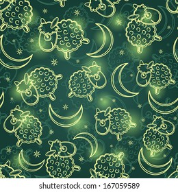 Cute Yellow Sheep and Moon Silhouette on Dark Shiny Blue Background. Seamless Vector Pattern