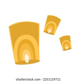 Cute yellow sky lanterns with candle light. Chinese New Year, Spring and Lantern Festival. Gold vector illustration in cartoon doodle style.