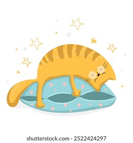 Cute yellow sleeping cat on the blue pillow, cat illustration, vector eps 10