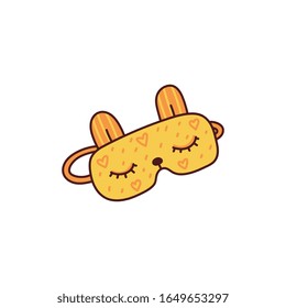 Cute yellow sleeping mask with bunny ears and closed eyes - isolated doodle drawing on white background. Cozy sleep accessury - flat vector illustration.