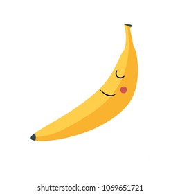Cute yellow sleepy banana flat vector illustration. Adorable fruit smiling with eyes closed. Healthy food nutrition concept. Happy banana asleep isolated. Peace and harmony symbol. Calm baby banana