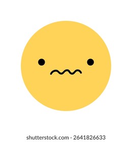 A cute yellow smile icon with an annoyed facial expression. Character with displeased mood isolated on a white background. Vector flat illustration. Perfect for social media, stickers.