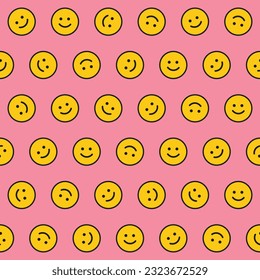 Cute yellow smiles on pink background. Positive vibe abstract texture. Seamless vector pattern in groovy, preppy retro style. 