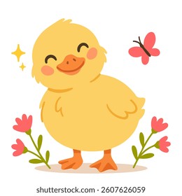 Cute yellow smiling duckling surrounded by pink flowers, butterfly and sparkles in trendy flat style isolated on white background. Perfect for Easter cards, spring holiday decorations, kids products