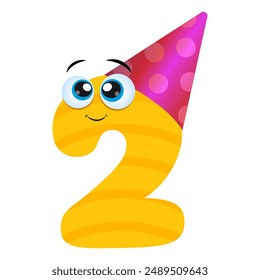 Cute Yellow Smiling number Two with eyes and festive hat. Happy birthday 2 year. Vector flat cartoon character illustration icon design. Happy birthday 2 year card concept on white background. 