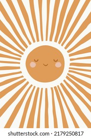 Cute Yellow Smiling Sun. Scandinavian Style Kids Room Decoration. Hand Drawn Cheerful Nursery Graphic Design. Isolated Vector Illustration. Ideal For Card, Invitation, Wall Decal, Poster and Other. 