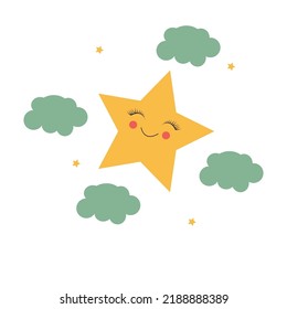 Cute yellow smiling vector little star isolated on white background with clouds