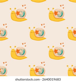 Cute Yellow Snail With Floral Seamless Pattern Background Design Wallpaper Texture Fabric Textile