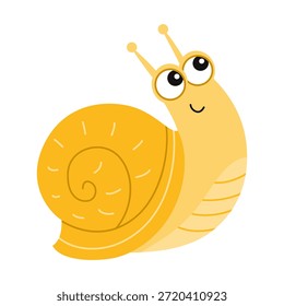 Caracol amarelo bonito com concha espiral. Caracol de jardim sorridente. Ilustração de vetor plano. Design infantil e infantil, isolado em branco.