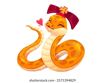 Cute yellow snake character in kiss pose. Adorable cartoon reptile with golden body, cheerful expression and traditional Asian hat, blowing a kiss with a red heart floating nearby, radiating affection