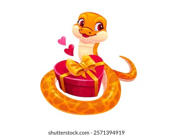 Cute yellow snake character with valentines day heart shaped gift box. Vector Asian reptile, serpent animal personage exudes love, ready for festive occasion, with wrapped red present with golden bow