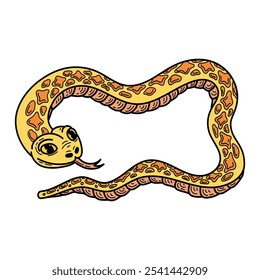 Linda serpiente amarilla dibujada a mano plana. Animal peligroso con cuerpo largo y retorcido. Víbora, pitón, anaconda, serpiente de cascabel. Criatura venenosa. Vector ilustración de dibujos animados.