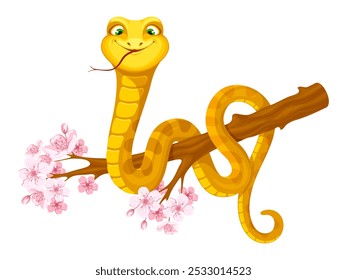 Cobra amarela bonita, pendurada do galho de árvore de sakura florescente. Réptil sorridente bonito e divertido, símbolo do zodíaco do Ano Novo Chinês de 2025. Ilustração de vetor de desenhos animados