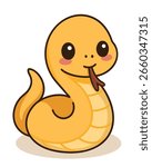 Cute yellow snake illustration, designed in a playful kawaii style. Perfect for animal-related projects or nature-themed content, ideal for kids’ illustrations.