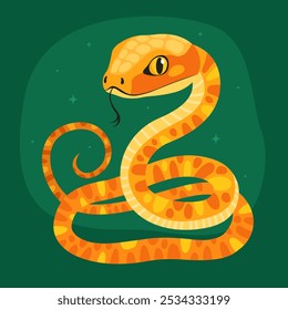 Cute yellow snake on a green background. New Year of the Snake, Lunar New Year or Chinese New Year. Animal zodiac cartoon character, mascot, symbol of the year. Illustration for greeting card.