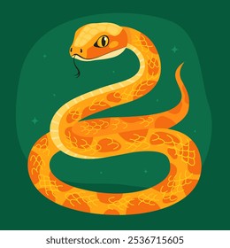 Cute yellow snake on a green background. New Year of the Snake, Lunar New Year or Chinese New Year. Animal zodiac cartoon character, mascot, symbol of the year. Illustration for greeting card.