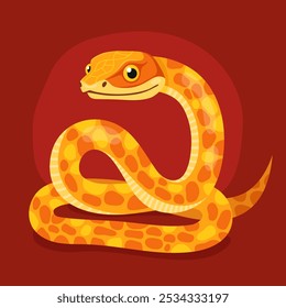 Cute yellow snake on a red background. New Year of the Snake, Lunar New Year or Chinese New Year. Animal zodiac cartoon character, mascot, symbol of the year. Illustration for greeting card.