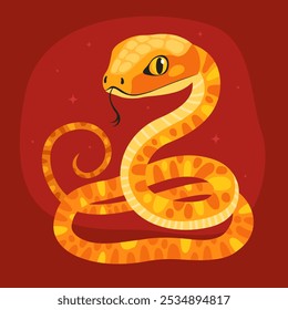 Cute yellow snake on a red background. New Year of the Snake, Lunar New Year or Chinese New Year. Animal zodiac cartoon character, mascot, symbol of the year. Illustration for greeting card.