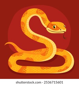 Cute yellow snake on a red background. New Year of the Snake, Lunar New Year or Chinese New Year. Animal zodiac cartoon character, mascot, symbol of the year. Illustration for greeting card.