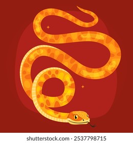 Cute yellow snake on a red background. New Year of the Snake, Lunar New Year or Chinese New Year. Animal zodiac cartoon character, mascot, symbol of the year. Illustration for greeting card.