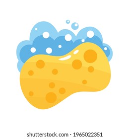 
Esponja amarilla con burbujas y espuma aislada en fondo blanco. Ilustración vectorial dibujada a mano en estilo caricatura.