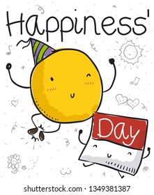 Cute yellow spot jumping and clapping its feet, celebrating with a tender calendar paper the Happiness' Day with a party and funny doodles.
