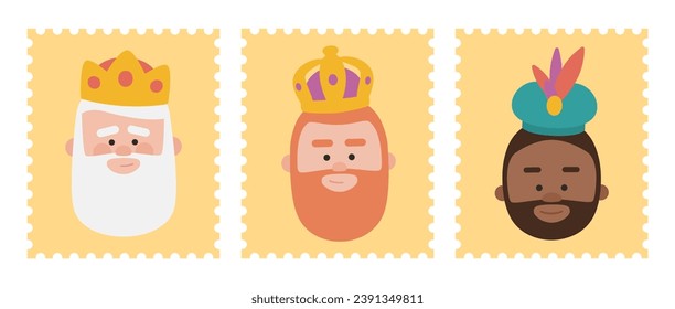 Cute YELLOW Stamps packs of the wise men. The three kings of orient, Melchior, Gaspard and Balthazar.