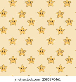 cute yellow star with big eyes on yellow background seamless pattern 