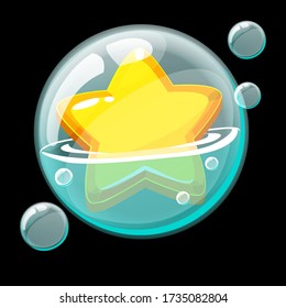 Cute Yellow Star In A Big Soap Bubble. Cartoon Bubble Icon And Star Shape.