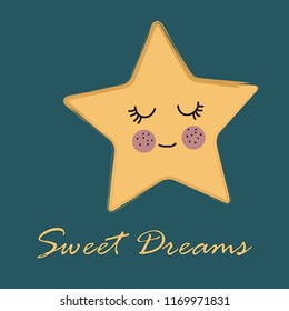 cute yellow star cartoon vector doodle illustration on green blue with text sweet dreams