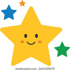 Cute yellow star character with smiling face surrounded by colorful smaller stars in blue, green, and orange, ideal for playful designs and children-themed illustrations