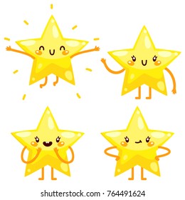 Cute Yellow Star, Five Point, Character Set, Vector.