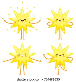 Cute yellow star, nine point, character set, vector.