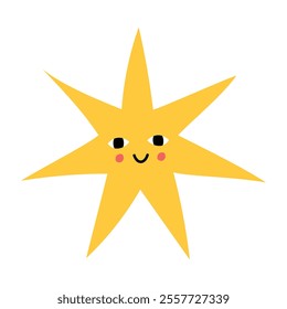 Cute yellow star with rays and adorable cheeks. Perfect for cute illustrations, stickers, or holiday designs. Flat cartoon vector isolated on a white background.