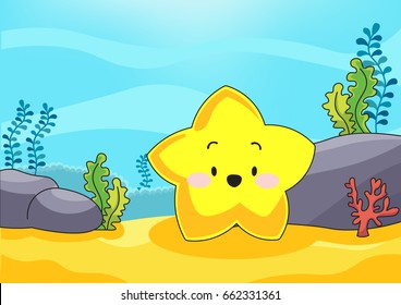 Cute yellow starfish in the sea background vector