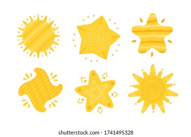 Cute Yellow Stars with Abstract Patterns Vector Set. Hand Drawn Doodle Different Star Icons for Kids Fashion, Nursery, Baby Shower, Scandinavian Print or Poster, Pajamas Party