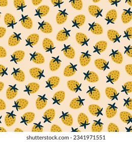 Cute yellow strawberry hand drawn vector illustration. Adorable berry fruit seamless pattern for kids fabric or wallpaper.	