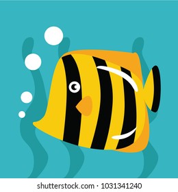 Cute yellow striped fish. Cute ocean animal cartoon collection.