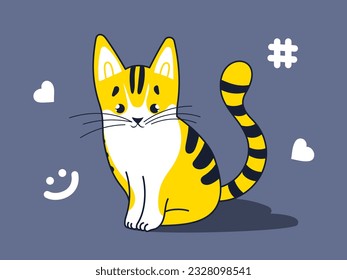 Cute yellow striped kitten on a gray background. Flat vector illustration.	