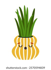 Cute yellow striped plant pot with a face, containing green leaves, on a white background. Concept of decorative plant pots and playful design. Vector illustration